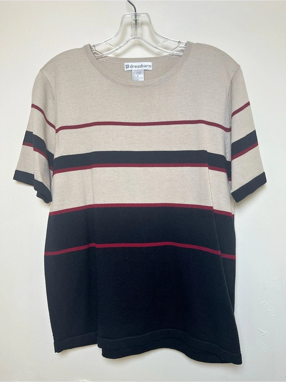 Women's Vintage Dressbarn Striped Burgundy Short Sleeve Knit Sweater Y2K Top S